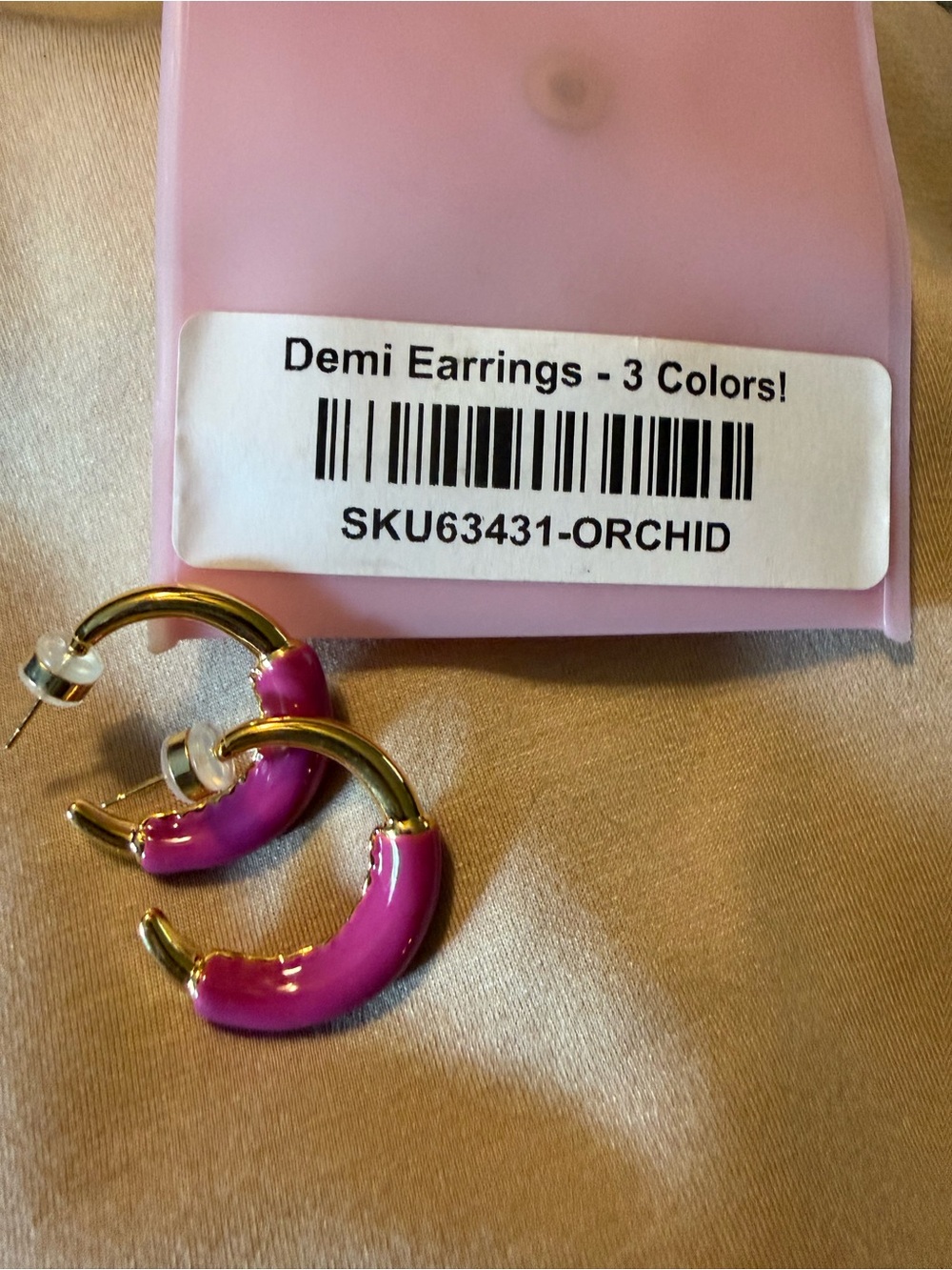Orchid Pink Enamel Demi Hoop Earrings with Gold Accents